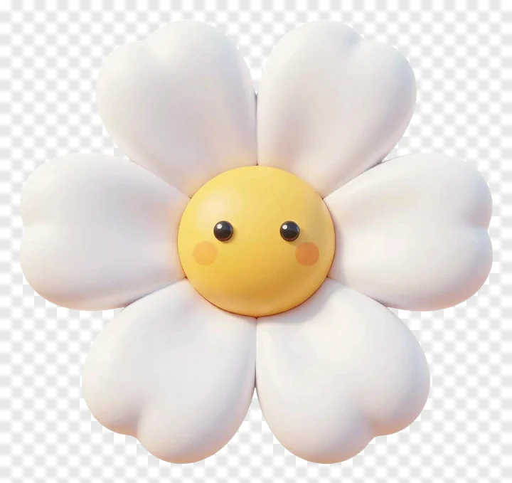A smiling cartoon flower with white petals.