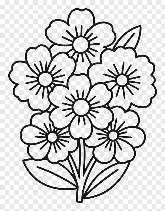 Black line art of a stylized flower cluster.