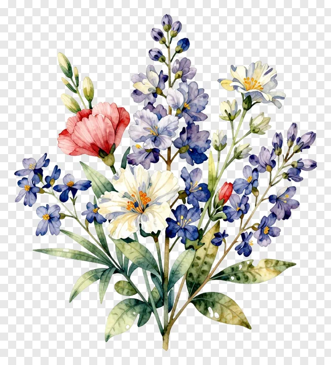 Watercolor arrangement of garden flowers and leaves.