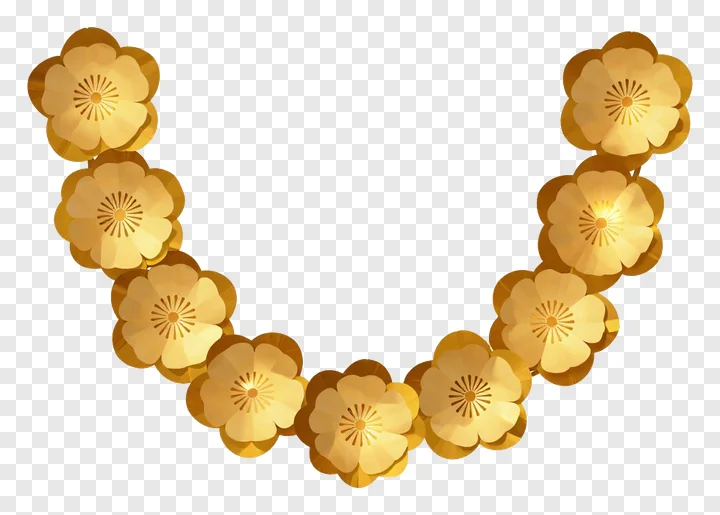 A golden paper flower garland in a curved shape.