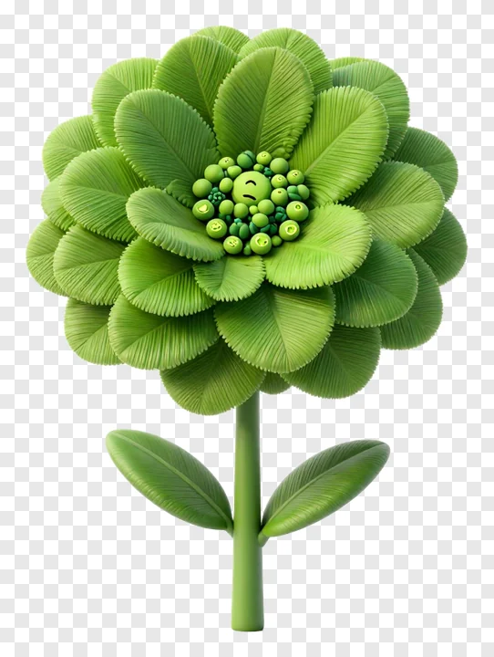 A green flower with leaf-shaped petals and a smiling face center.