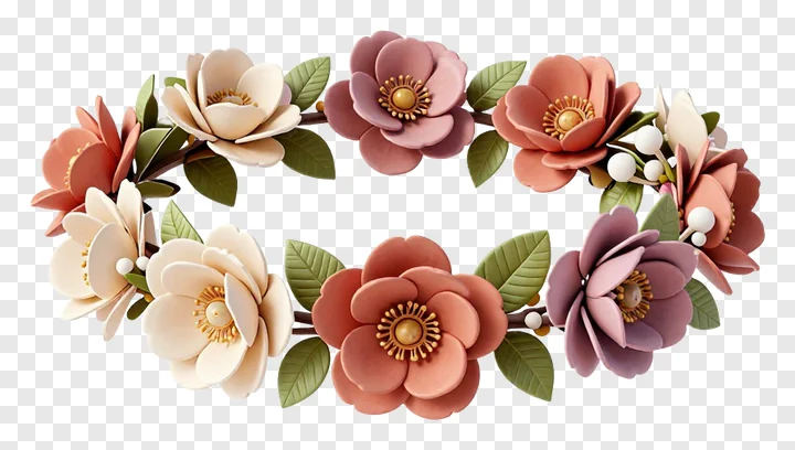 A pastel-colored flower crown with soft blossoms and green leaves.