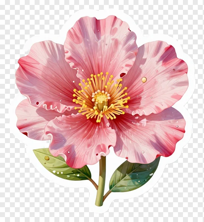 A pink camellia flower with green leaves.