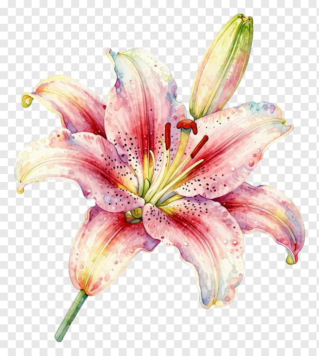 A pink lily flower with watercolor style and dewdrops.