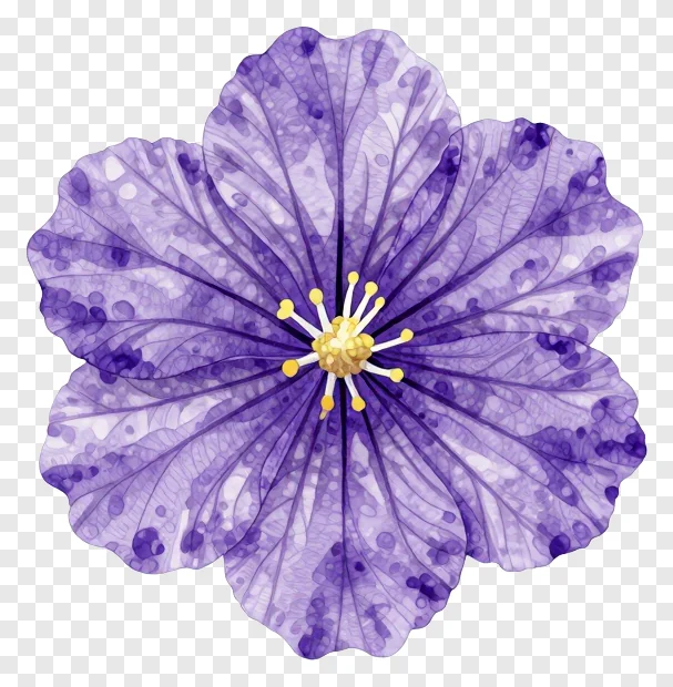 A stylized purple flower with visible veins and a golden center.