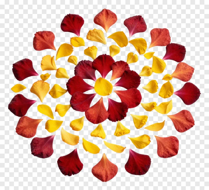 A circular mandala made of red and yellow rose petals.