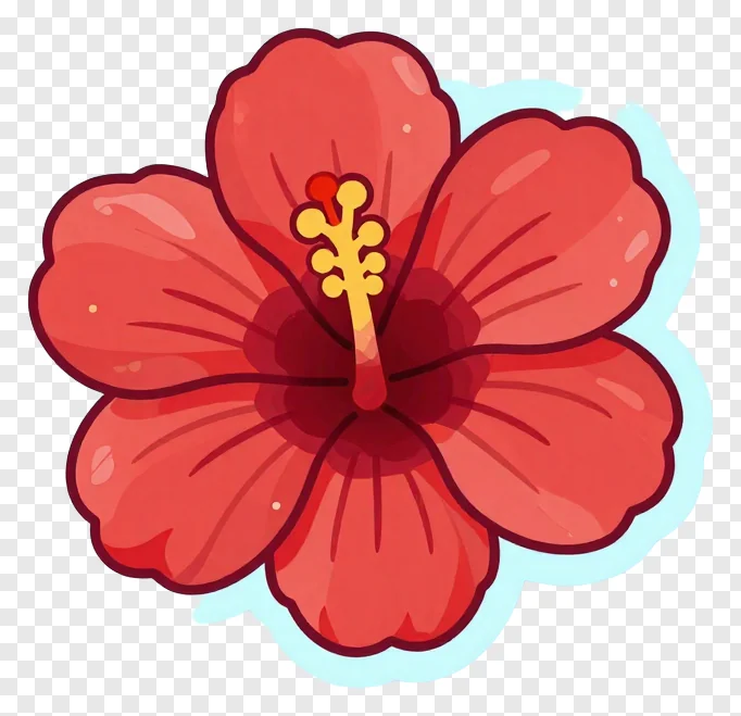 A red hibiscus flower with a light blue halo.