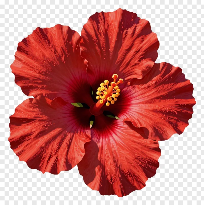 A red hibiscus flower with a yellow stamen cluster.