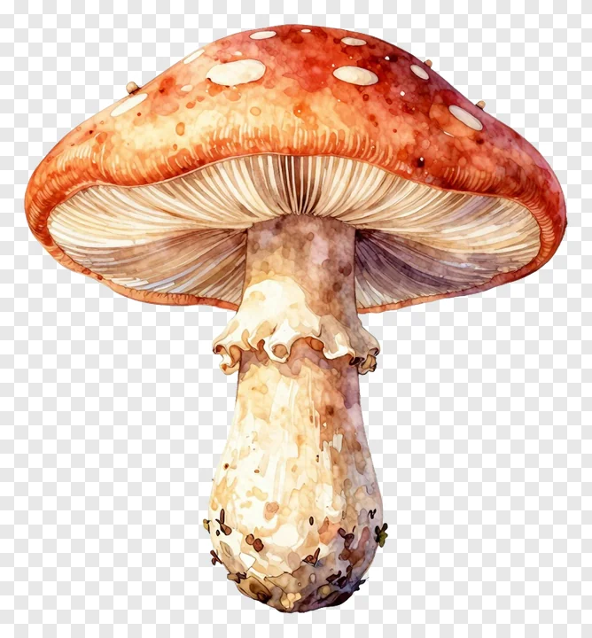A red mushroom with white spots and a textured stem.