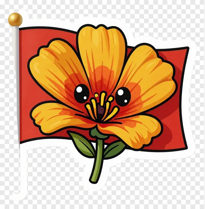 A cartoon saffron flower on a red flag.