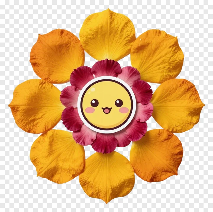 A smiling cartoon face surrounded by flower petals.