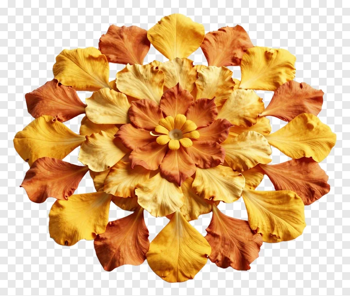 Circular arrangement of yellow and orange flower petals forming a sunburst mandala.