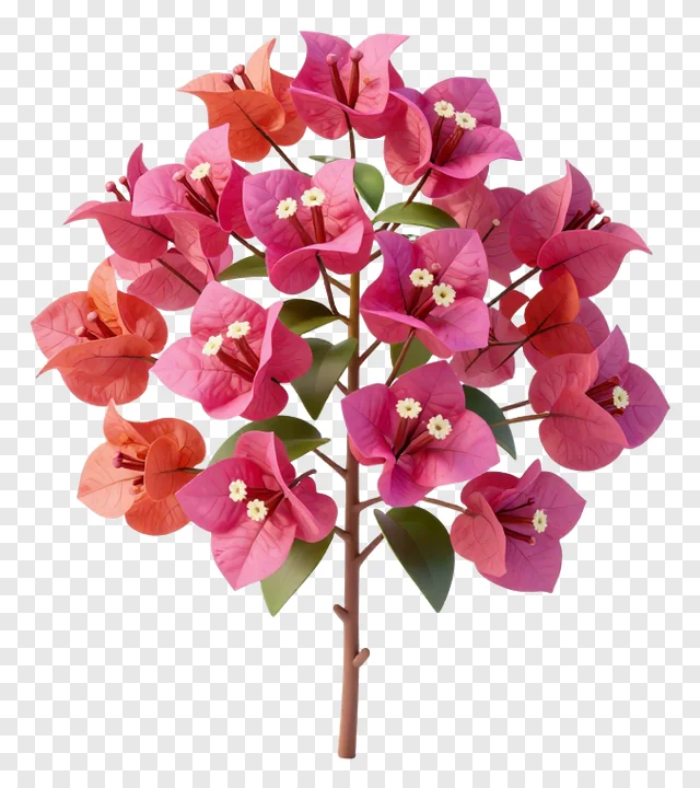 A colorful bougainvillea bloom cluster with pink bracts and small white flowers.