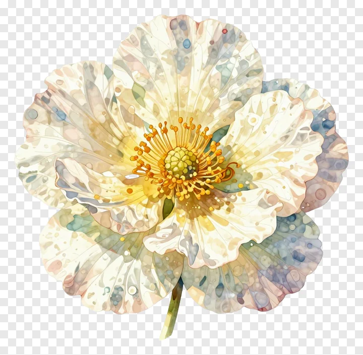 A watercolor-style flower with soft, translucent petals and a golden center.