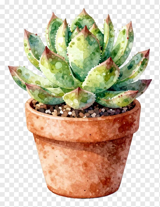 A watercolor-painted succulent in a terracotta pot.