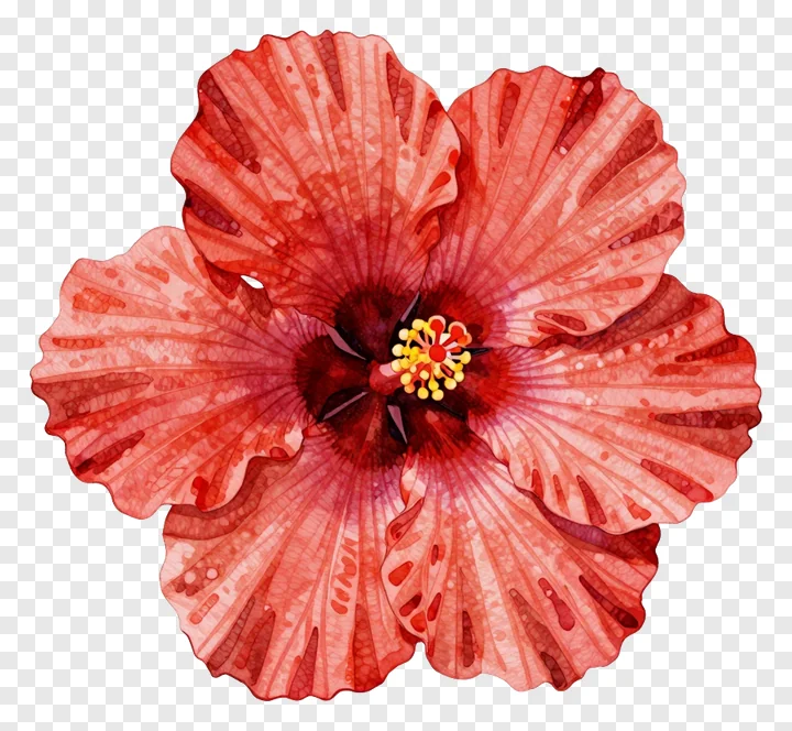 A red hibiscus flower painted in watercolor style.