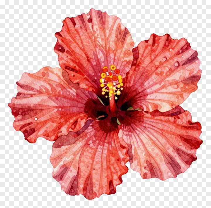 A red hibiscus flower painted in watercolor with speckled details.