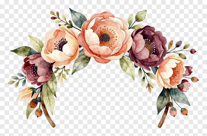 A watercolor floral crown with peach and burgundy flowers.
