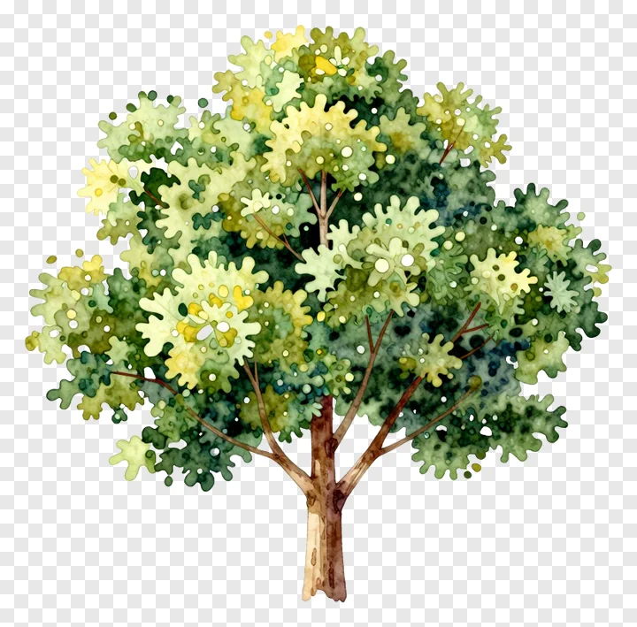 A watercolor tree with green and yellow foliage.