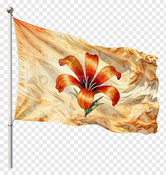 A waving flag featuring an orange lily on a saffron-colored background.