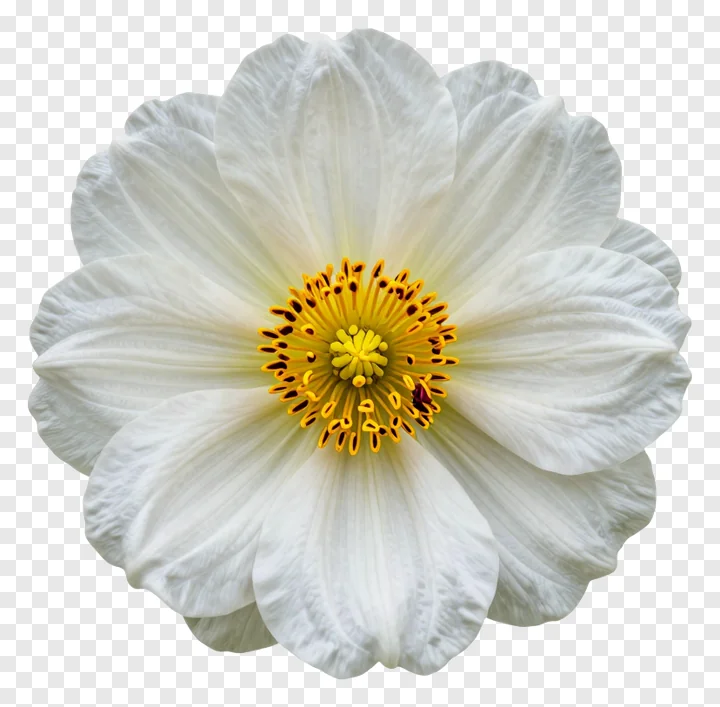 White flower with yellow center, isolated.