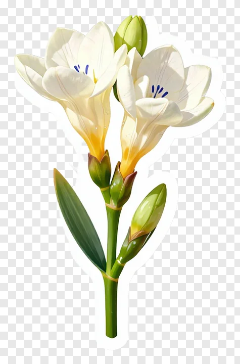 White freesia flowers on a single stem with green buds.