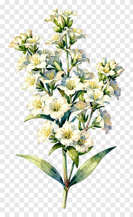 A bouquet of white flowers with green leaves, styled as a garland.