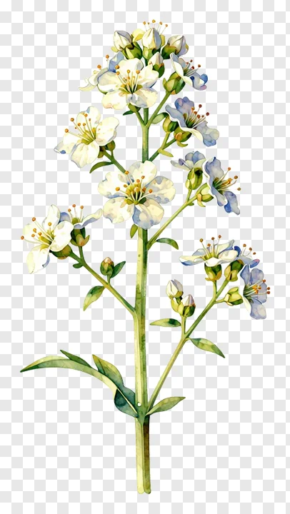 A watercolor painting of kash flowers with blue tints and green stems.