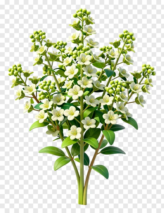 A bouquet of white kash flowers with green buds and leaves.