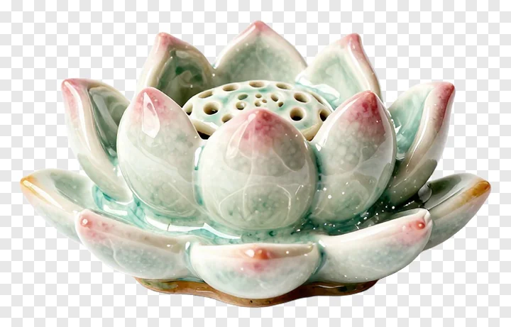Ceramic lotus charm with green and pink glaze.