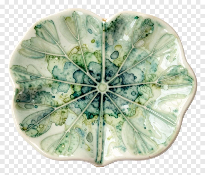 Ceramic coaster shaped like a lotus leaf with green and white glaze.