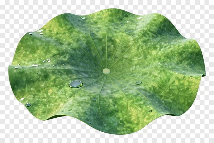 A green lotus leaf with water droplets.