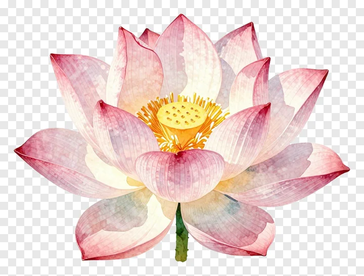 A pink lotus flower in mid-bloom with a golden center.