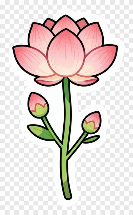 Pink lotus flower with two buds on a stem.