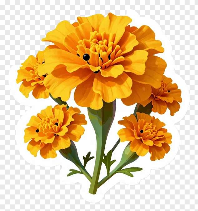 A group of orange marigold flowers with smiling faces.