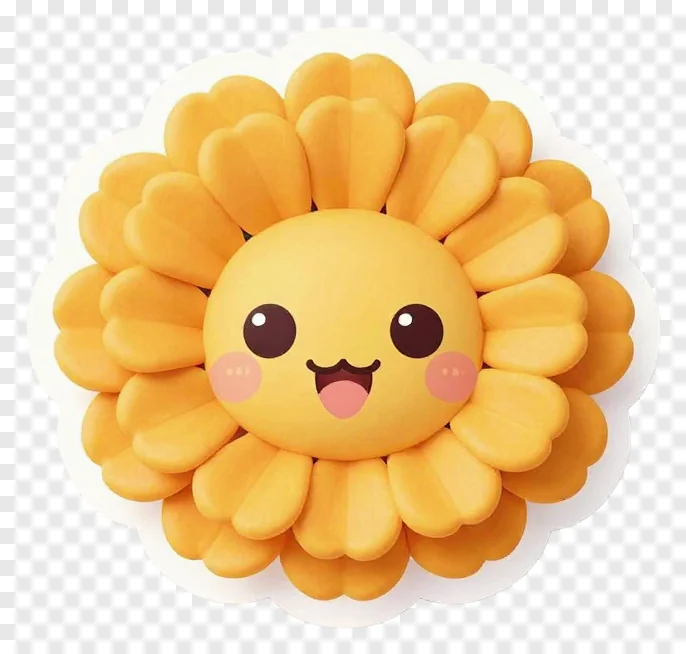 A smiling cartoon marigold flower with rosy cheeks.