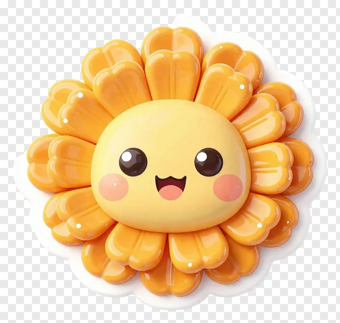 A cute, smiling sunflower sticker with glossy petals.