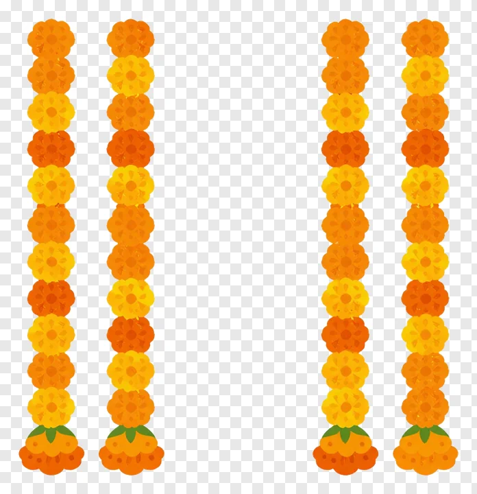 Four vertical marigold garland strands with orange and yellow flowers.