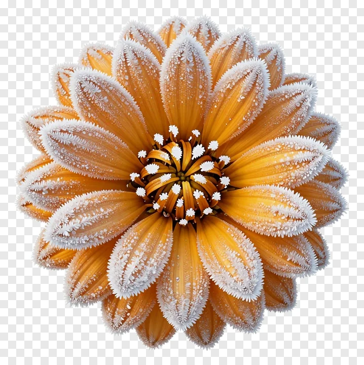 A marigold flower covered in frost crystals.