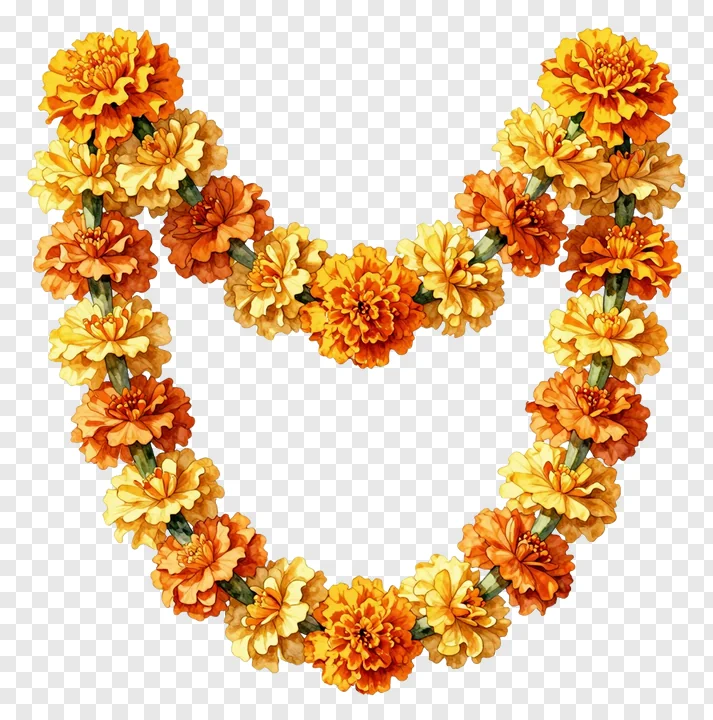 A heart-shaped garland made of marigold flowers.