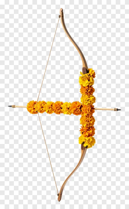 A wooden bow and arrow wrapped with marigold flowers.