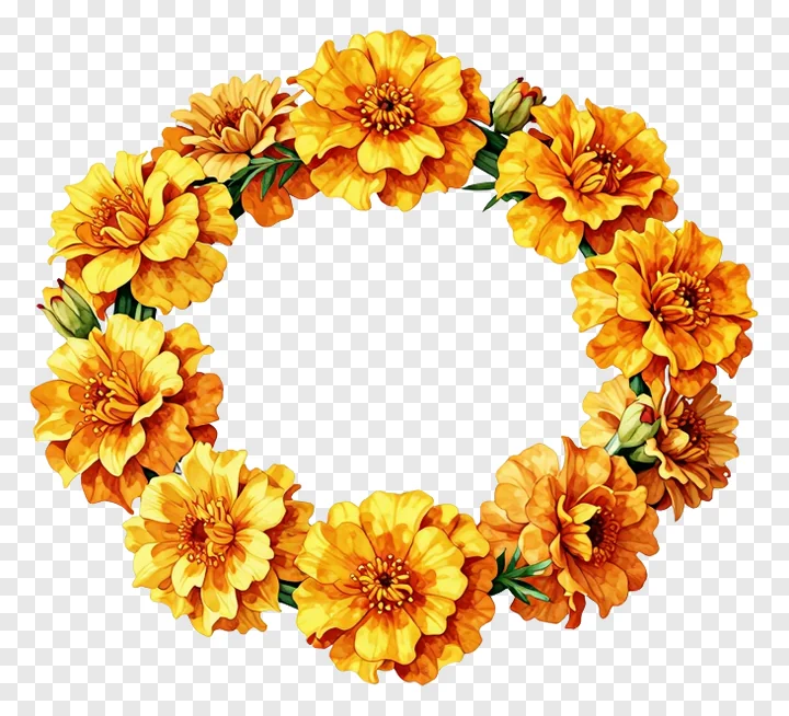 A wreath of marigold flowers arranged in a circle.