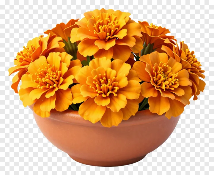 Orange marigold flowers in a terracotta pot.
