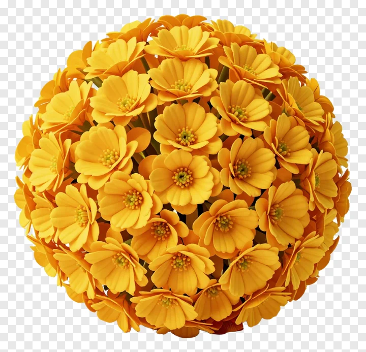 A spherical arrangement of golden marigold flowers.