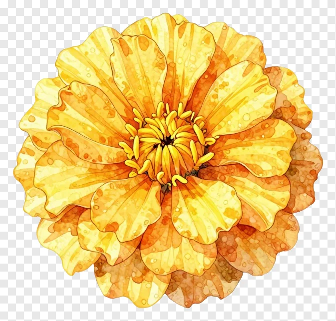 A watercolor painting of a marigold flower with layered petals.