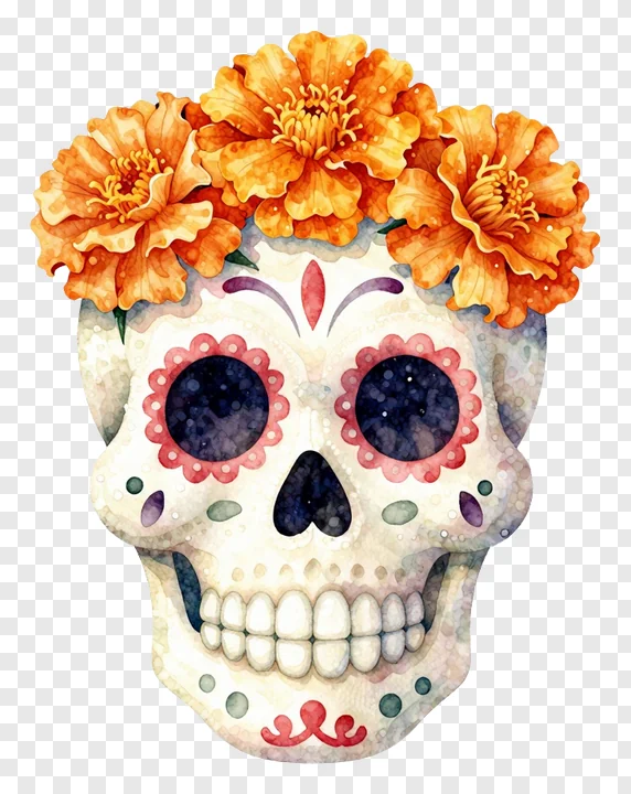 A decorated sugar skull wearing a crown of orange marigolds.