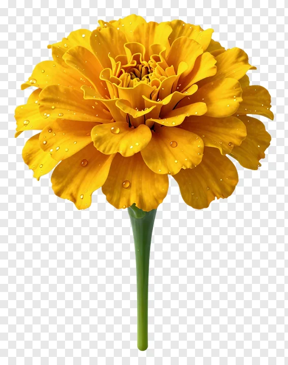 A yellow marigold flower with dew drops and a green stem.