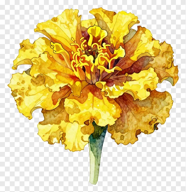 A yellow marigold flower with ink wash shadow effect.