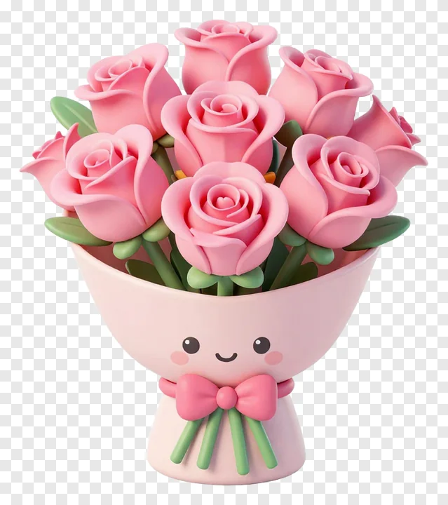 A cute pink rose bouquet in a smiling vase.