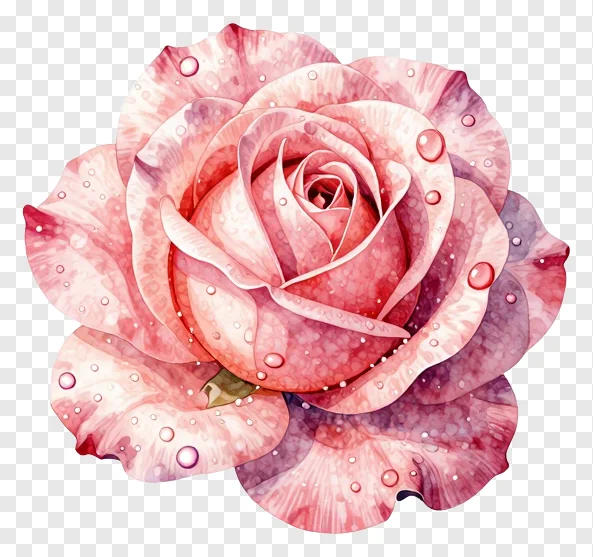 A pink rose with dew drops on its petals.